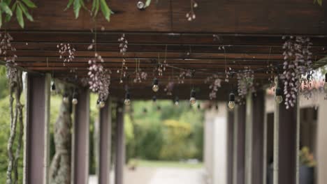 Rustikale-Pergola-Mit-Hängenden-Glühbirnen-Und-Trockenblumen,-Ruhige-Atmosphäre