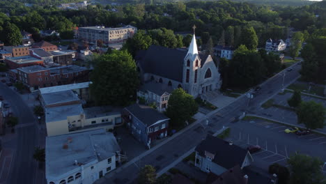 Drone-shot-over-Coaticook-City-Center-in-evening