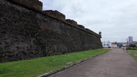 Imposing-walls-of-São-José-de-Macapá-Fortress,-a-star-shaped-colonial-marvel-on-the-Amazon-River-banks