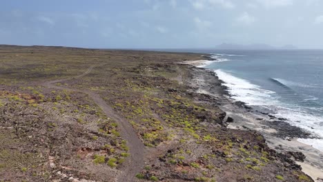 Drone-Shot,-Pristine-Landscape-of-Sao-Vicente-Island,-Cape-Verde,-Lava-Fields,-Volcanic-Rocks-and-Atlantic-Ocean