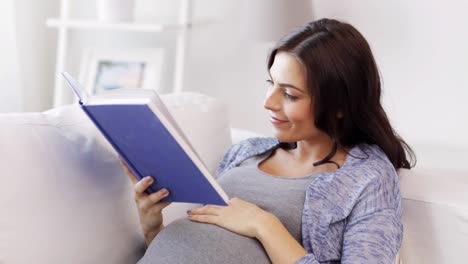 Mujer-Embarazada-Feliz-Leyendo-Un-Libro-En-Casa.-Concepto-De-Embarazo,-Personas-Y-Ocio.-Mujer-Asiática-Embarazada-Feliz-Y-Sonriente-Sentada-En-El-Sofá-Y-Leyendo-Un-Libro-En-Casa