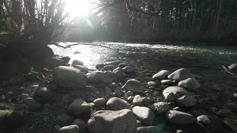 Slow-motion-shot-of-moving-river-along-the-rocky-shore