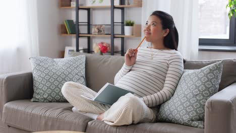 Mujer-Embarazada-Escribiendo-En-Un-Diario-En-Casa.-Concepto-De-Embarazo,-Personas-Y-Ocio.-Mujer-Asiática-Embarazada-Feliz-Y-Sonriente-Sentada-En-Un-Sofá-Y-Escribiendo-En-Un-Diario-O-Cuaderno-En-Casa.