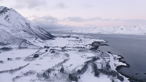 Drone-video-of-the-early-morning-purple-glow-of-winter-in-the-Lofoten-Islands,-Norway