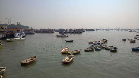 Boats-and-birds-in-the-harbor-of-Bombay,-India