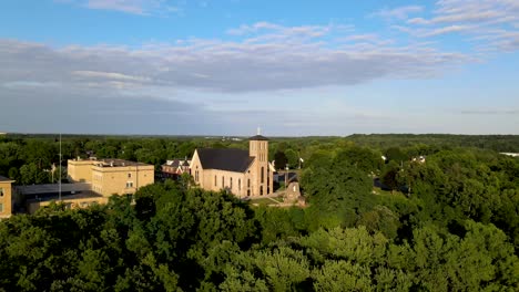 Aerial-view-of-Notre-Dame-catholic-church-in-Chippewa-Falls-Wisconsin