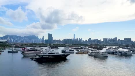 Yacht-at-typhoon-shelter,-Hong-Kong-harbor