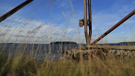 Kleine-Insel-In-Einem-Windigen-Finnischen-Fjord-Mit-Einem-Kran-Und-Sich-Bewegendem-Gras-Im-Vordergrund