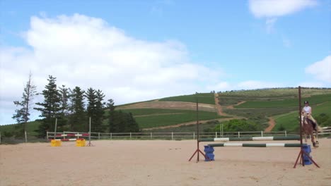 Wide-static-of-woman-jockey-Hurdle-jumping-on-the-parade-with-a-sabino-paint-cross-horse-breed