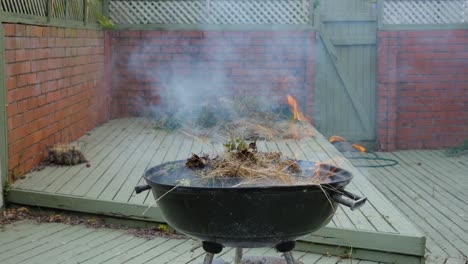 Close-up,-smoke-caused-by-burning-dry-leaves-in-the-backyard-with-brick-fence-as-background