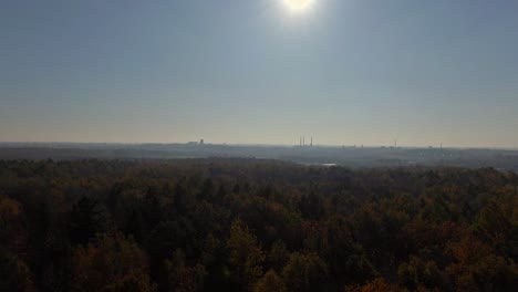 Luftaufnahme-über-Dem-Wald-Vor-Der-Sonnenstadt-Im-Hintergrund