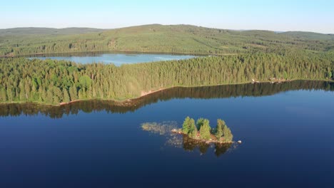 Drone-shot-of-crystal-clear-lake-in-Sweden-inland-surrounded-by-deep-forest-landscape