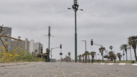 Niedriger-Blick-Auf-Die-Ruhige-Küstenstraße-In-Tel-Aviv-Während-Der-Sperrung-Des-Corona-Virus