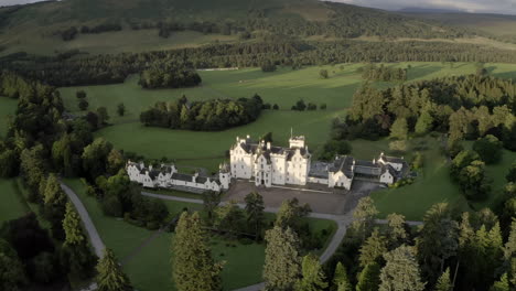 An-aerial-view-of-Blair-Castle-at-dawn,-near-Blair-Atholl-in-Perthshire,-Scotland