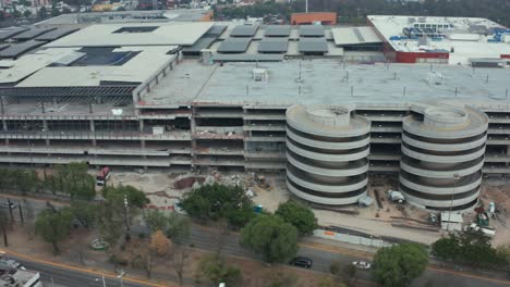 Plaza-Satelite,-Naucalpan,-Mexico-City-Aerial-View-of-Contruction-Site-and-Expansion-Development-of-Shopping-Mall