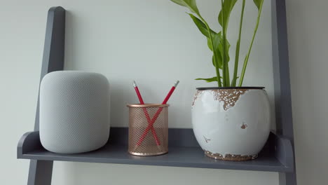 Statische-Aufnahme-Eines-Mannes,-Der-Einzeln-Auf-Einen-Apple-Homepod-Auf-Einem-Modern-Aussehenden-Bücherregal-Neben-Einem-Bleistifthalter-Tippt---Pflanze