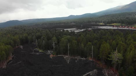 AERIAL-DOLLY-OUT:-Drone-flying-over-a-valley-of-lava-rocks-surrounded-by-vibrant-green-forest,-in-Mount-Etna,-Sicily,-on-a-foggy-day,-with-the-top-of-the-crater-in-the-distance