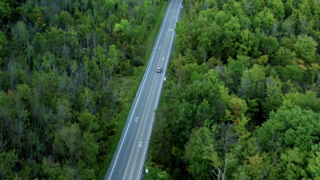 Toma-Aérea-Siguiendo-Un-Automóvil-En-El-Bosque,-Hermoso-Desierto,-Lugar-Salvaje,-Viaje-En-Automóvil