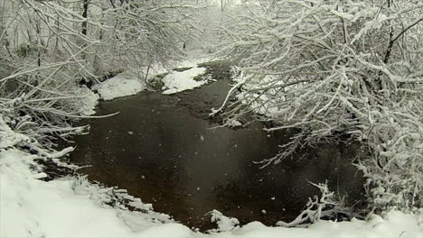 Creek-flows-through-snow-covered-wooded-landscape-as-snow-falls