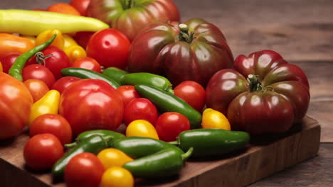 Flat-lay-on-rustic-aged-pallet-wood-Cherokee-purple-tomato-Jalapeno-pepper-red-and-yellow-tomatoes-cayenne-and-yellow-pepper-with-hardwood-cutting-board