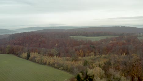 Beautiful-Drone-Aerial-Shot-of-the-Harz-national-park-forest-in-north-Germany-at-a-cloudy-moody-day-in-late-autumn