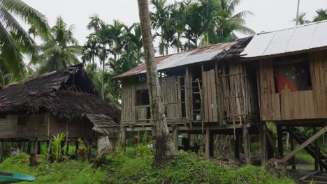 Sliding-shot,-scenic-view-of-wooden-huts,-palm-trees-in-the-background-in-Kanganaman-Village,-Sepik-Region,-Papua-New-Guinea