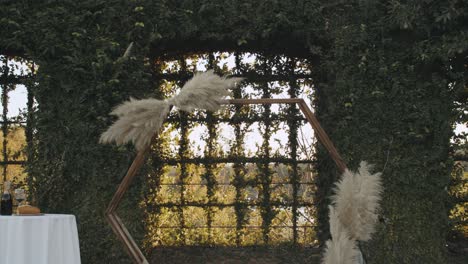 Slow-Motion-of-an-Arbor-for-a-Wedding-Ceremony-with-Large-Vines-in-Background