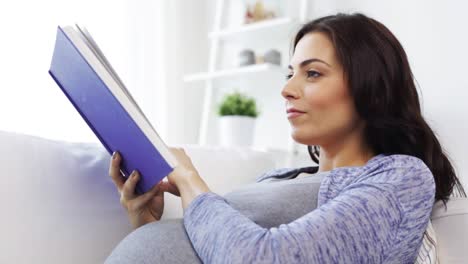 Mujer-Embarazada-Feliz-Leyendo-Un-Libro-En-Casa.-Concepto-De-Embarazo,-Personas-Y-Ocio.-Mujer-Asiática-Embarazada-Feliz-Y-Sonriente-Sentada-En-El-Sofá-Y-Leyendo-Un-Libro-En-Casa