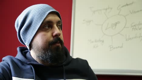 Close-up-of-young-bearded-man-face-wearing-beanie-grey-hat-approving-by-mimic-and-talking-with-a-white-board-background