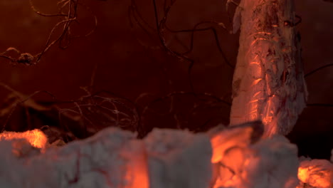 Burning-glowing-hot-ashes-falling-through-fireplace-grate,-close-up-time-lapse