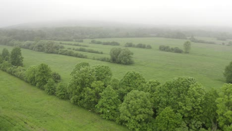 Drone-Sobre-Campos-Rurales-Con-Niebla-En-El-Condado-De-Orange,-Nueva-York