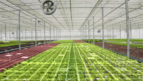 Drone-Shot-Of-High-Tech-Agricultural-Greenhouse,-Parameters-Ar-Visualization