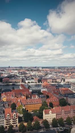 Vertical-aerial-view-of-Copenhagen's-canals-and-city