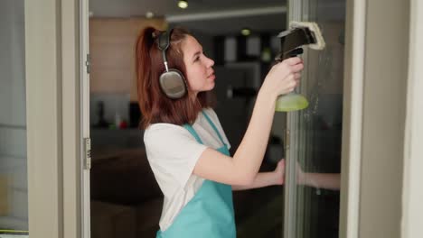 Side-view-of-a-confident-brunette-girl-in-headphones-a-cleaning-lady-in-a-white-T-shirt-and-blue-apron-cleans-glass-doors-using-a-special-device-during-cleaning-in-a-modern-apartment