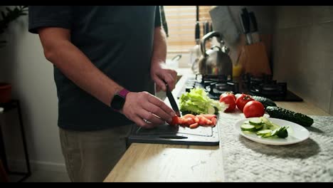 Turn-on-a-middle-aged-man-in-a-gray-t-shirt-prepares-a-vegetable-salad-while-his-middle-aged-boyfriend-in-a-green-checkered-shirt-hugs-him-from-behind-as-they-prepare-lunch-together-in-the-kitchen