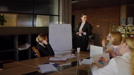 A-young-woman-with-brown-hair-wearing-round-glasses-and-a-professional-attire-is-pitching-her-idea-at-a-stand-during-an-office-meeting