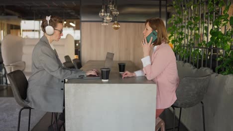 Seitenansicht-Einer-Frau-Mittleren-Alters-In-Einem-Business-Anzug-Zusammen-Mit-Ihrer-Kollegin,-Die-Am-Tisch-Sitzt-Und-In-Einem-Modernen-Büro-Arbeitet