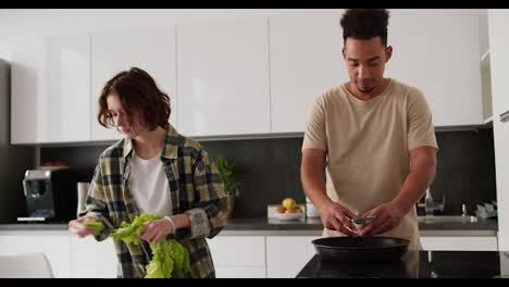 Happy-young-man-with-Black-skin-color-in-a-beige-T-shirt-is-preparing-breakfast-scrambled-eggs-together-with-his-young-adult-girlfriend-with-brown-hair-and-in-a-green-checkered-shirt-who-is-preparing-a-salad-in-a-modern-kitchen-in-an-apartment-in-the-morning