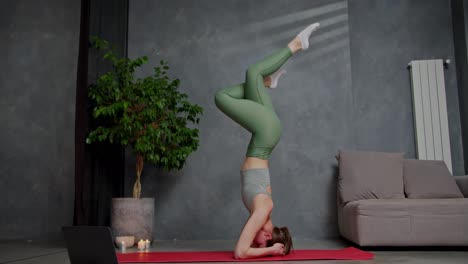 Confident-brunette-girl-in-a-sporty-gray-top-and-green-pants-does-yoga-and-stands-on-her-head-using-online-lessons-and-a-laptop-near-a-large-indoor-plant-in-a-modern-apartment