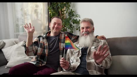 Portrait-of-a-happy-LGBT-couple-of-two-middle-aged-men-with-white-lush-hair-and-beard-in-a-checkered-shirt-and-his-brunette-boyfriend-they-are-sitting-on-the-sofa-and-waving-in-a-modern-apartment