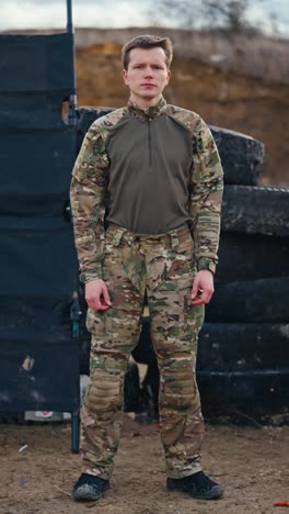 Vertical-video-portrait-of-a-confident-young-man-in-camouflage-clothing-standing-near-tires-during-combat-exercises-in-the-steppe.-Portrait-of-a-confident-young-military-man-in-modern-army-clothes