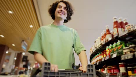 Bottom-view-of-a-confident-brunette-guy-with-curly-hair-in-a-Green-T-shirt-carries-a-cart-in-a-supermarket-and-puts-the-things-he-needs-from-it-during-his-shopping