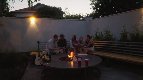 Side-view-of-a-happy-group-of-cheerful-friends-clinking-their-glasses-while-sitting-on-a-bench-near-a-fire-talking-and-having-fun-during-their-holiday-in-a-country-house