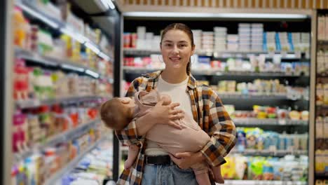 Portrait-of-a-happy-brunette-woman-in-a-plaid-shirt-holding-her-infant-child-in-her-arms-and-posing-near-the-shelves-with-dairy-products-in-a-supermarket