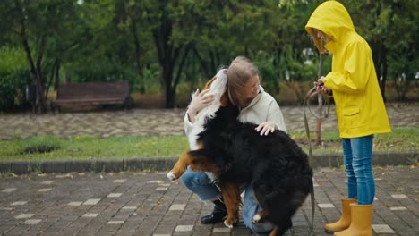 Glückliche-Blonde-Frau-In-Einer-Jacke-Spielt-Mit-Ihrem-Schwarz-weißen-Hund-Zusammen-Mit-Ihrer-Tochter-In-Einer-Gelben-Jacke-Auf-Einer-Gasse-Im-Park-Nach-Dem-Regen