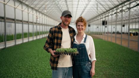 Retrato-De-Un-Granjero-Feliz-Con-Gorra-Y-Barba-Y-Una-Mujer-Pelirroja-Posando-En-Un-Invernadero-En-Una-Granja-Entre-Brotes-De-Plantas.