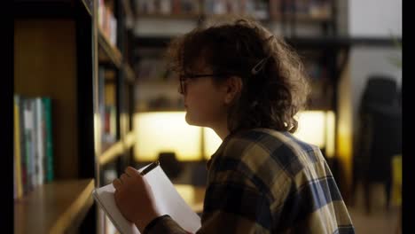 Confident-girl-with-curly-hair-wearing-glasses-takes-inventory-of-books-on-shelves-in-library