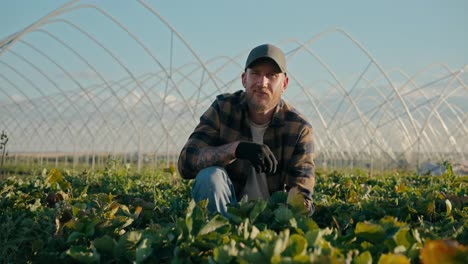 Portrait-of-a-confident-farmer-guy-in-a-cap-and-plaid-shirt-posing-while-sitting-among-growing-crops-on-a-farm