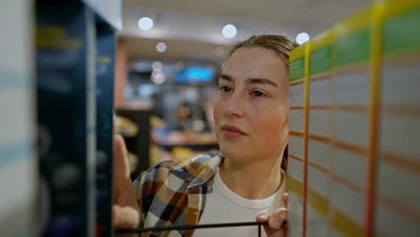 Close-up-of-a-happy-brunette-girl-in-a-plaid-shirt-looks-at-the-top-shelf-and-chooses-the-product-she-needs-during-her-shopping-in-the-supermarket