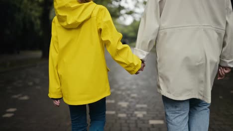 Rückansicht-Eines-Jungen-Mädchens-In-Einer-Gelben-Jacke,-Das-Nach-Dem-Regen-Hand-In-Hand-Mit-Ihrer-Mutter-Durch-Den-Park-Geht